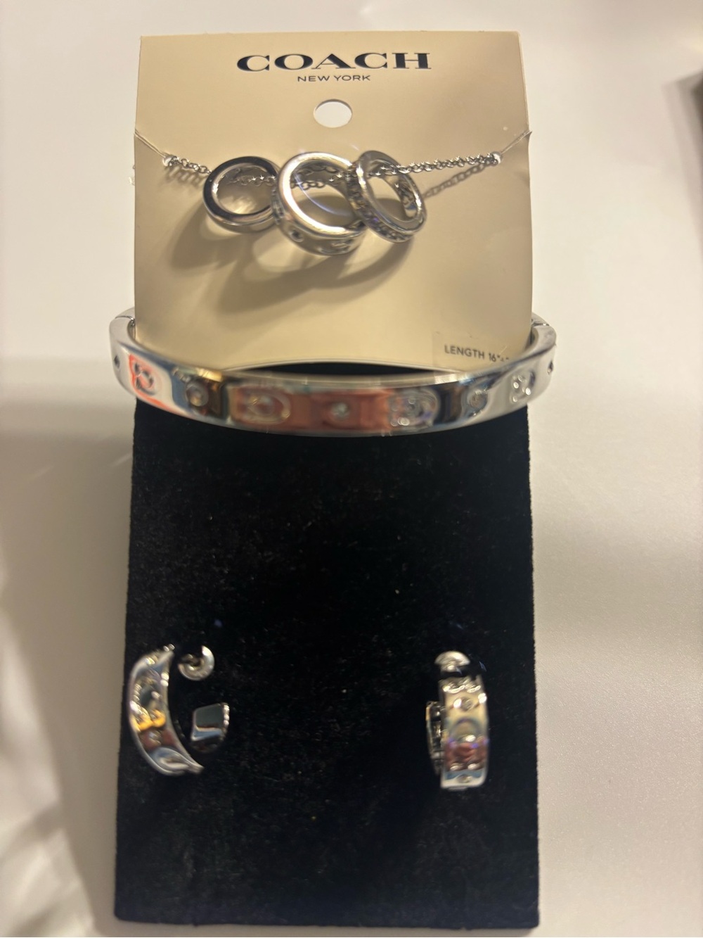Coach Silver-Tone 3-Piece Necklace, Hoop Earrings & Bangle with Crystal Accents - Picture 2 of 10